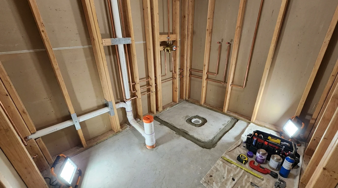 Bathroom rough-in plumbing during remodel by Johns Plumbing LLC in Larimore