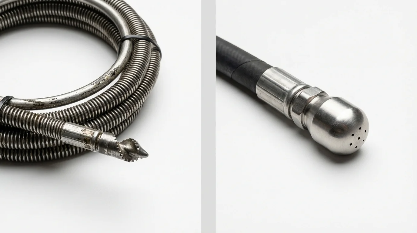 Drain snake cable and hydro jetting nozzle used for drain cleaning in Larimore, ND