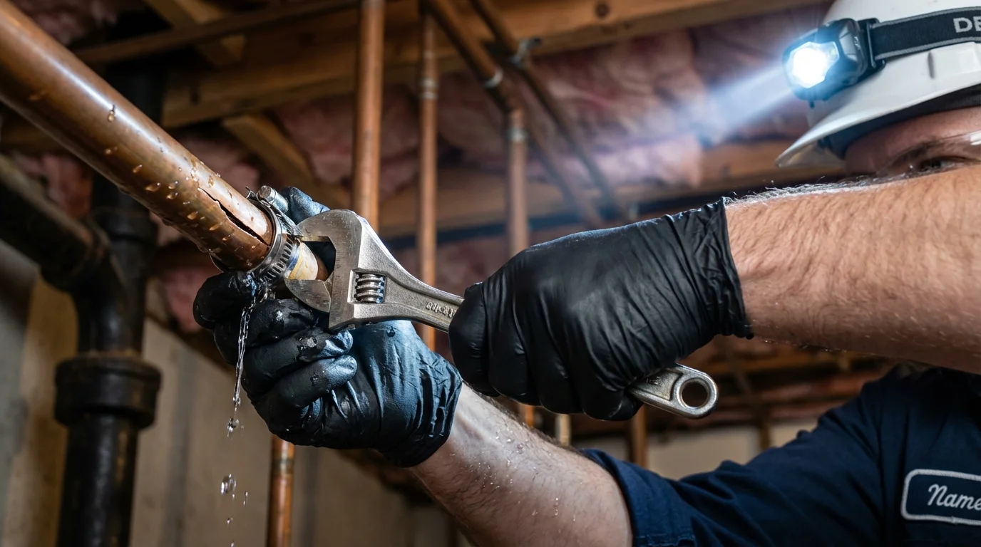 Emergency pipe clamp repair being performed by a Johns Plumbing LLC plumber in Larimore