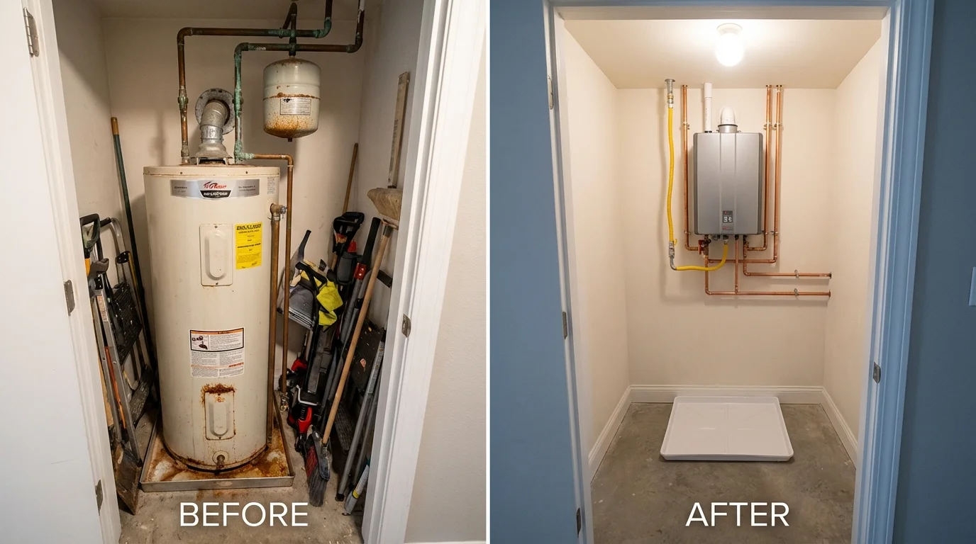 Tank water heater versus wall-mounted tankless unit comparison for Larimore, ND homeowners