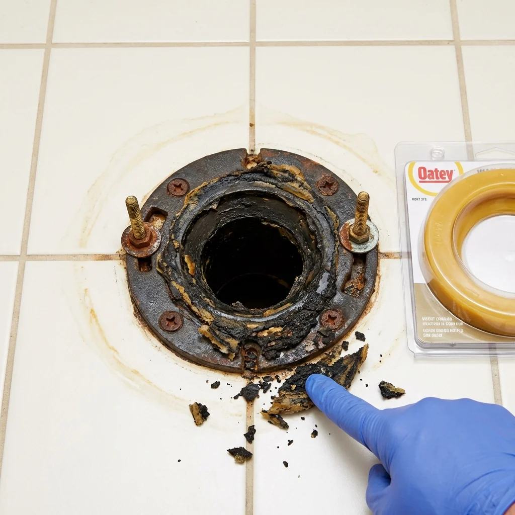 Failed wax ring showing water seepage at the base of a toilet in a Larimore, ND home