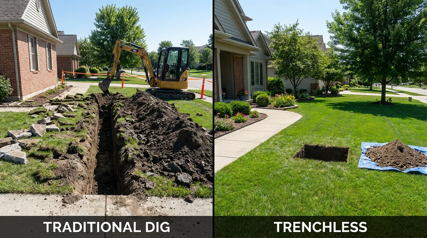 Trenchless sewer repair with minimal yard damage versus traditional excavation in Larimore, ND