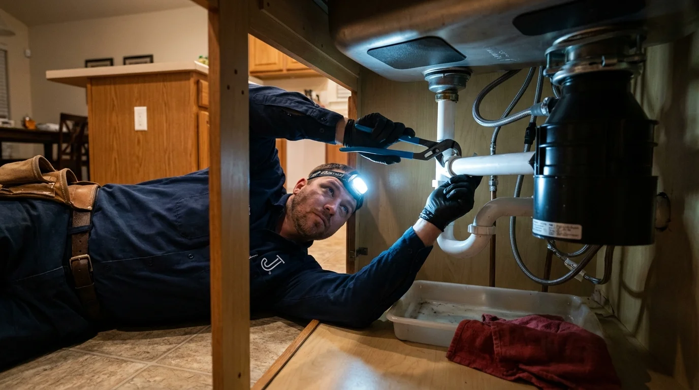 P-trap and supply line connections under a kitchen sink showing a common leak point in Larimore, ND